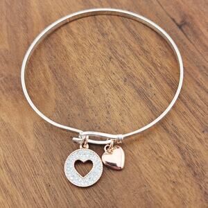 LACN Silver Tone Heart Charms Bangle Bracelet Stackable Dainty Minimalist